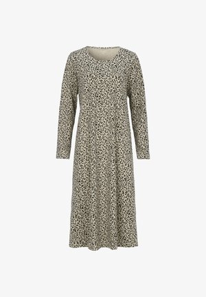 Langærmet kjole i beige jersey-stof med sort leopardprint. Har en rund halsudskæring og en flydende A-linje silhuet.