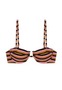 Top de bikini a rayas en rosa, negro y marrón. Presenta un diseño acolchado, tirantes ajustables y un cierre de gancho en la parte trasera. Material texturizado.