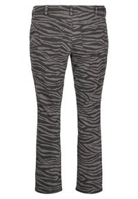 Pantalones de mezclilla gris con un estampado de rayas de cebra negras, con una cintura de altura media y dos bolsillos traseros. Diseño clásico de pierna recta ajustada.