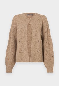 Cardigan beige en tricot avec motif diamant, col rond, une seule fermeture par bouton et poignets côtelés. Tissu doux et texturé.