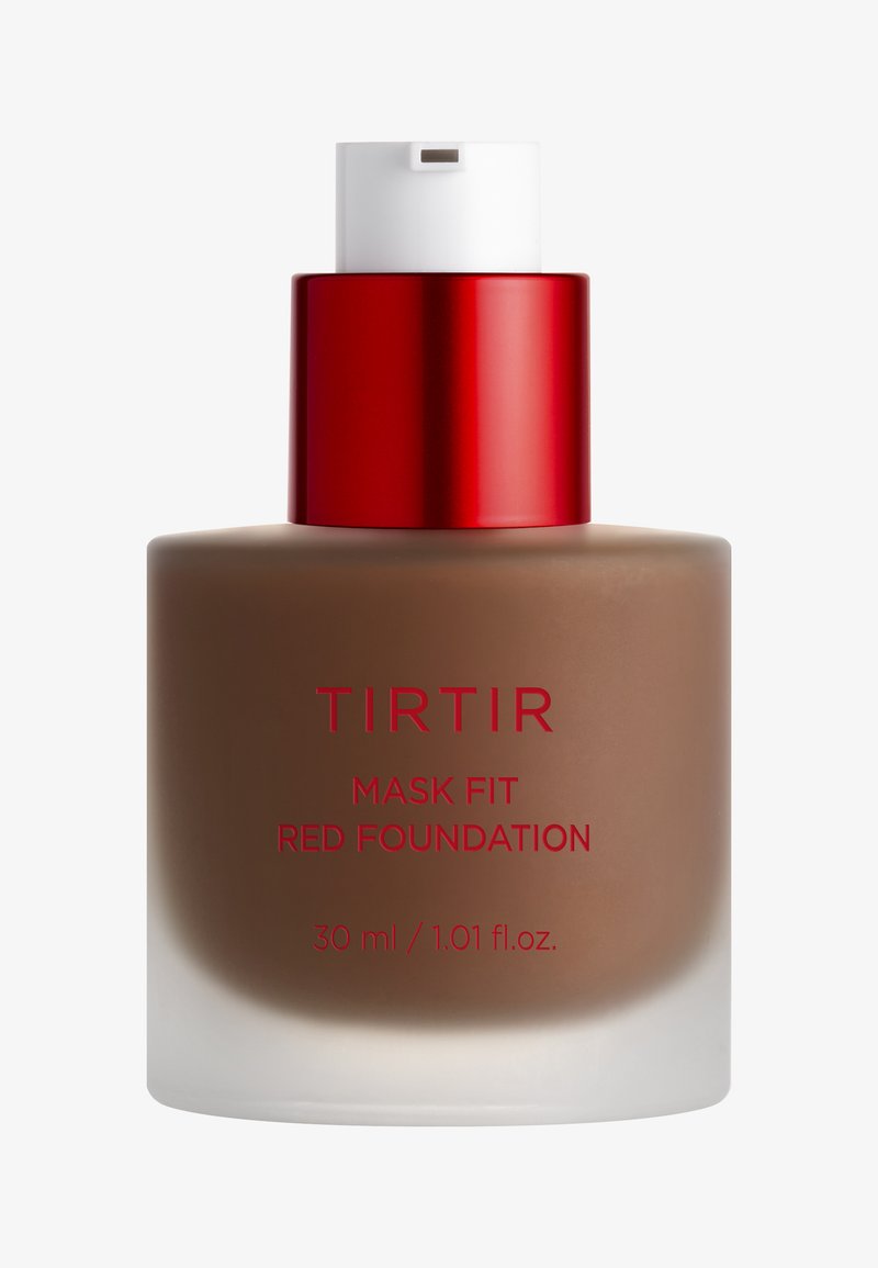 Butelka podkładu TIRTIR Mask Fit Red, brązowy płynny makijaż z czerwoną pompką, o pojemności 30 ml.