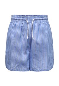Světlé modré šortky z látky s vertikálními bílými pruhy. Elastický pas s šňůrkou na stažení, neformální a klasický design.