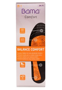 Bama Comfort footbed packaging, featuring orange and black colors. Text highlights breathable, anti-shock, support, and stability functionalities.