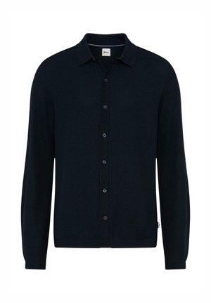 Navy blue button-up cardigan made from soft fabric, featuring a classic collar, long sleeves, and subtle ribbed detailing at the cuffs and hem.