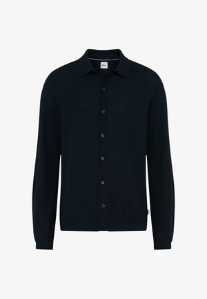 Dunkelblauer Knopfcardigan aus weichem Stoff, mit klassischem Kragen, langen Ärmeln und dezent gerippten Details an den Bündchen und dem Saum.