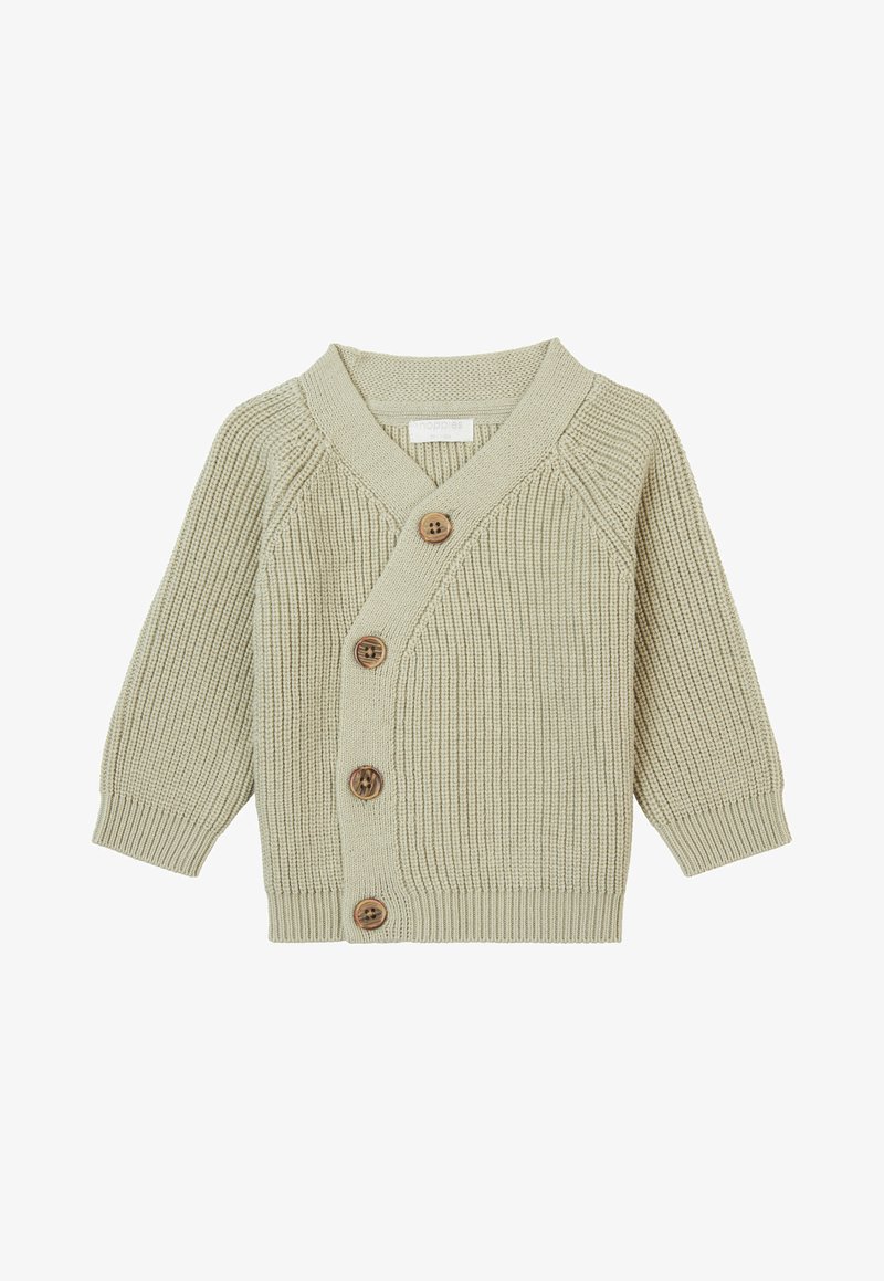 Gebreide cardigan in lichtbeige, met een V-hals, drie houten knopen en een ribbelstructuur op de mouwen en het lichaam.