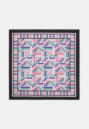 Foulard carré avec un motif géométrique de rayures colorées rose, verte, violette et blanche dans divers blocs inclinés encadrés d'une bordure noire.