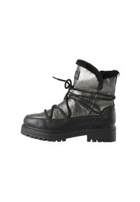 Svarta och metalliska grå ankelboots med konstfällinredning, snörning fram, strukturerat läder och en kraftig sula med mönstring.
