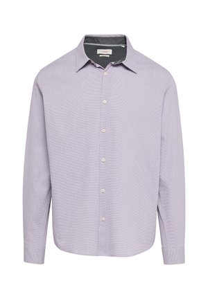 Helllila Langarmhemd mit Knopfleiste, weichem Stoff und kontrastierendem dunklem Kragen. Dezentes gestreiftes Muster im gesamten Design.