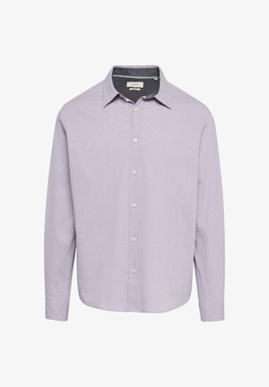 Helllila Langarmhemd mit Knopfleiste, weichem Stoff und kontrastierendem dunklem Kragen. Dezentes gestreiftes Muster im gesamten Design.