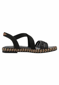 Sandale noire avec design de sangle tissée, comprenant une bande d'orteil texturée et une semelle en jute tressé. Profil plat avec sangles élastiques ajustables.