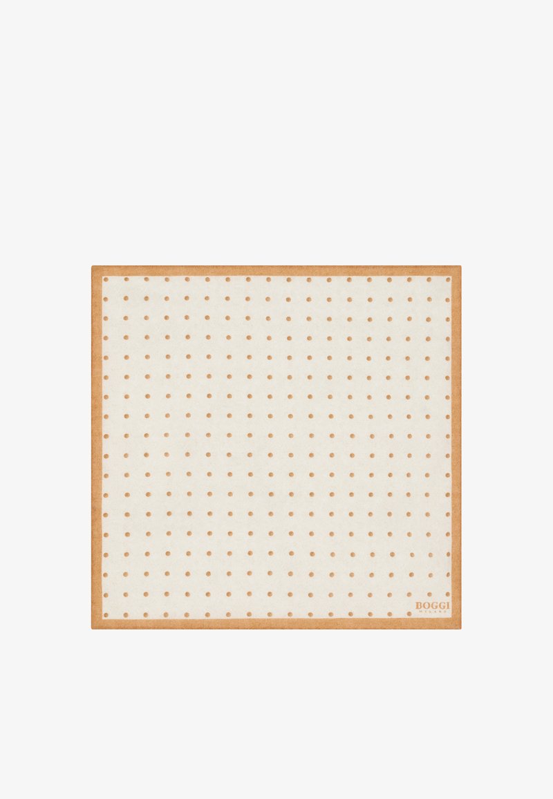 Pochette crème avec des pois marron clair uniformément espacés et une bordure marron clair, marquée "Boggi Milano" dans un coin.