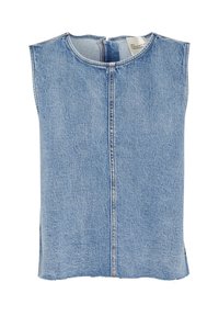 Jeans utan ärmar i ljusblått, med rundad halsringning, mittsöm och sidoklipp vid fållen. Ren finish utan dekorationer.