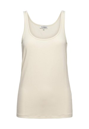 Mouwloos tanktop in crèmekleur met ronde hals en label met de tekst "ANDCOWOMAN" aan de binnenkant van de nek aan de achterkant.