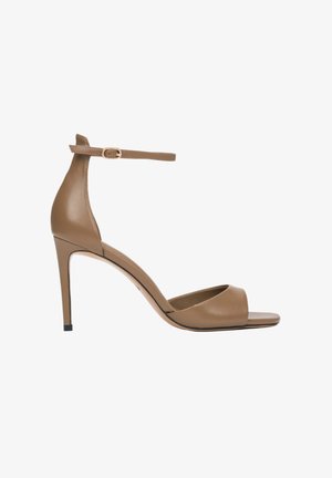 Helle Leder-Sandalette mit offenem Zeh, Knöchelriemen und Stiletto-Absatz. Glatter Textur, minimalistisches Design und eine zarte Schnalle.