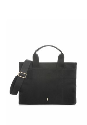 Czarna prostokątna torba na ramię z podwójnymi uchwytami, regulowanym paskiem na ramię oraz małym złotym logo w pobliżu dolnego środka.