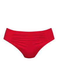 Rote Bikini-Unterteile mit gerafften Seitendetails, aus glattem Stretchmaterial gefertigt. Klassische mittelhohe Form und einfarbiges Design.