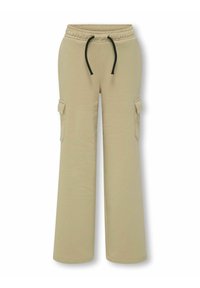 Beige cargobroek met een trekkoord in de taille, wijde pijpen, zijzakken en een gladde katoenen textuur. Geaccentueerd met zwarte trekkoorden.