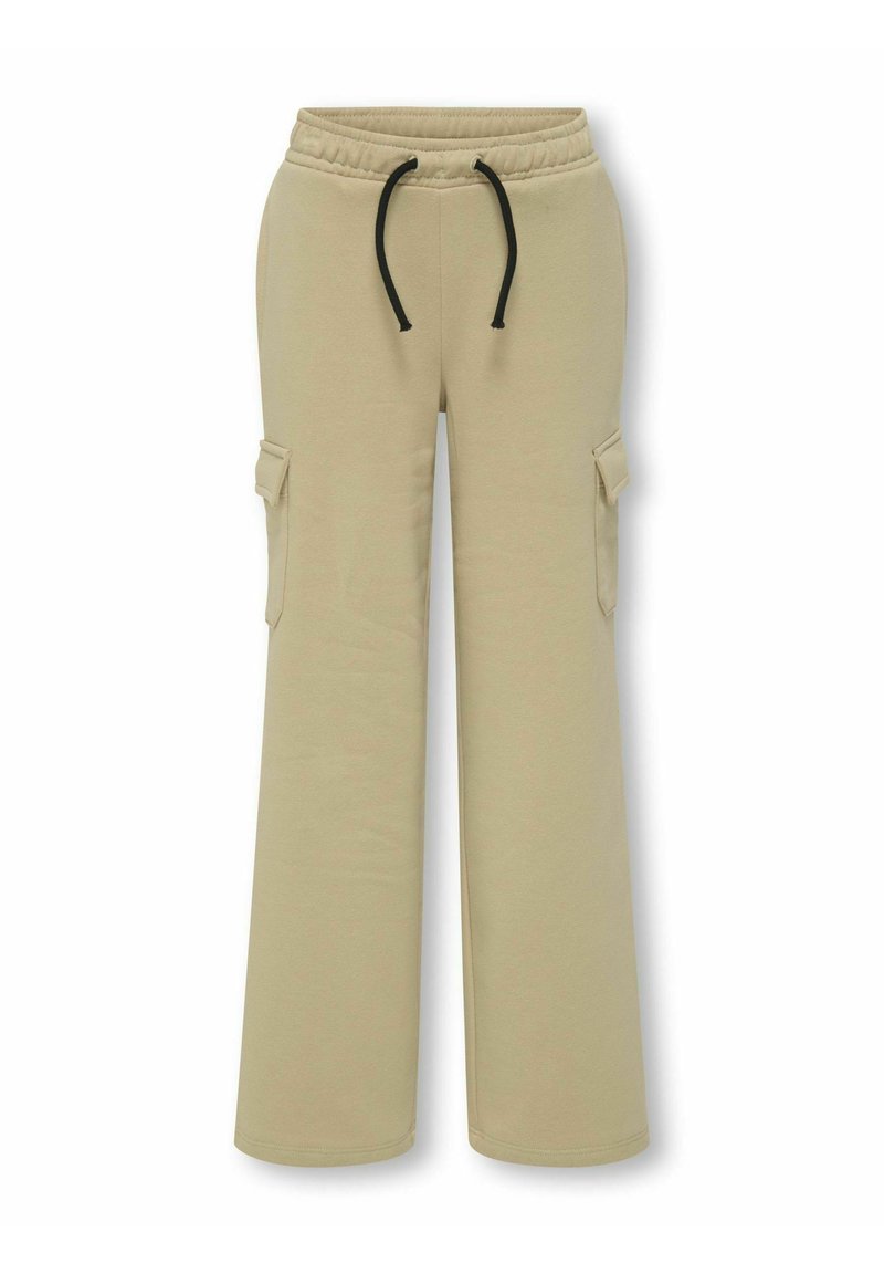 Beige cargobroek met een trekkoord in de taille, wijde pijpen, zijzakken en een gladde katoenen textuur. Geaccentueerd met zwarte trekkoorden.