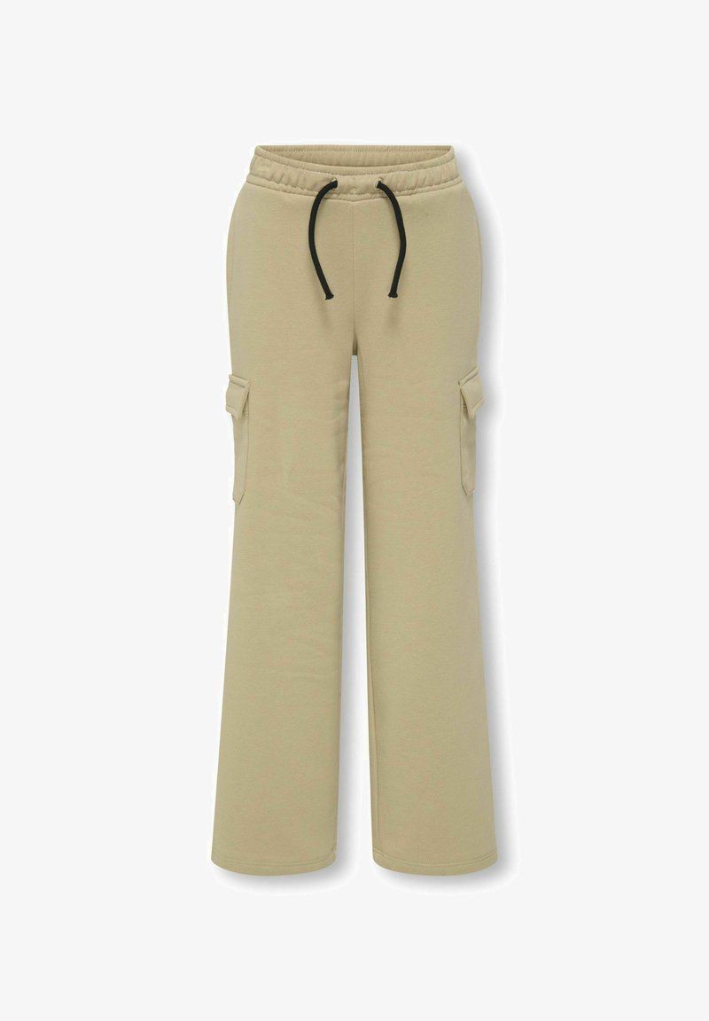 Pantalons cargo beiges avec une taille à cordon de serrage, jambes larges, poches latérales et une texture en coton lisse. Accentués par des cordons de serrage noirs.