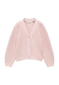 Svetloružový pletený cardigan s výstrihom do V, dlhými rukávmi a tromi gombíkmi vpredu. Má textúrovanú látku a skrátený strih.