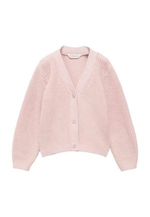 Gilet tricoté rose clair avec un col en V, des manches longues et trois boutons à l'avant. Présente un tissu texturé et une coupe courte.