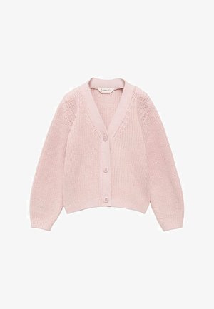 Cardigan lavorato a maglia rosa chiaro con scollo a V, maniche lunghe e tre bottoni davanti. Presenta un tessuto texturizzato e una vestibilità corta.
