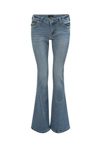 Lichtblauwe flared denim jeans. Kenmerken zijn onder andere een hoge taille, vijf zakken, lichte wassing en gestikte accenten op de zakken.