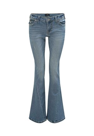 Flared denim jeans in light blue. Features include a high waist, five pockets, slight whiskering, and stitched accents on the pockets.