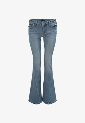 Flared denim jeans in light blue. Features include a high waist, five pockets, slight whiskering, and stitched accents on the pockets.