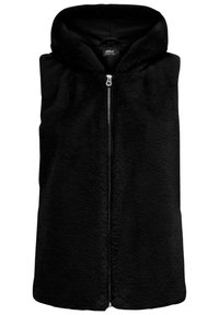 Czarna bezrękawnikowa kamizelka z kapturem, wykonana z miękkiej, teksturowanej tkaniny. Posiada zamek błyskawiczny z przodu i minimalistyczny design bez kieszeni.