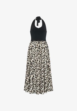 Halterska haljina s pripijenim crnim korzetom i lepršavom suknjom s printom leoparda u bež, crnoj i smeđoj boji, s nabranim dizajnom.