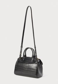 Black crocodile-embossed handbag with dual handles and a removable shoulder strap. Smooth texture, structured shape, gold-tone hardware accents.