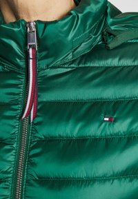 Chaqueta acolchada verde con cremallera plateada y tirador con tela a rayas en rojo, blanco y negro, con un pequeño logo en rojo, blanco y negro en el pecho.