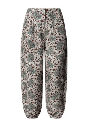 Pantalon ample avec un ourlet élastique, présentant une base blanche et des motifs floraux et géométriques détaillés en vert et marron.