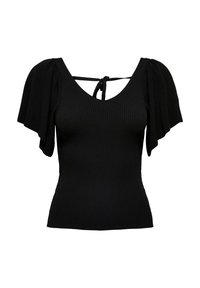 Haut noir côtelé avec manches courtes volantes, un décolleté en V et un détail noué au dos. Texture lisse avec une silhouette ajustée.