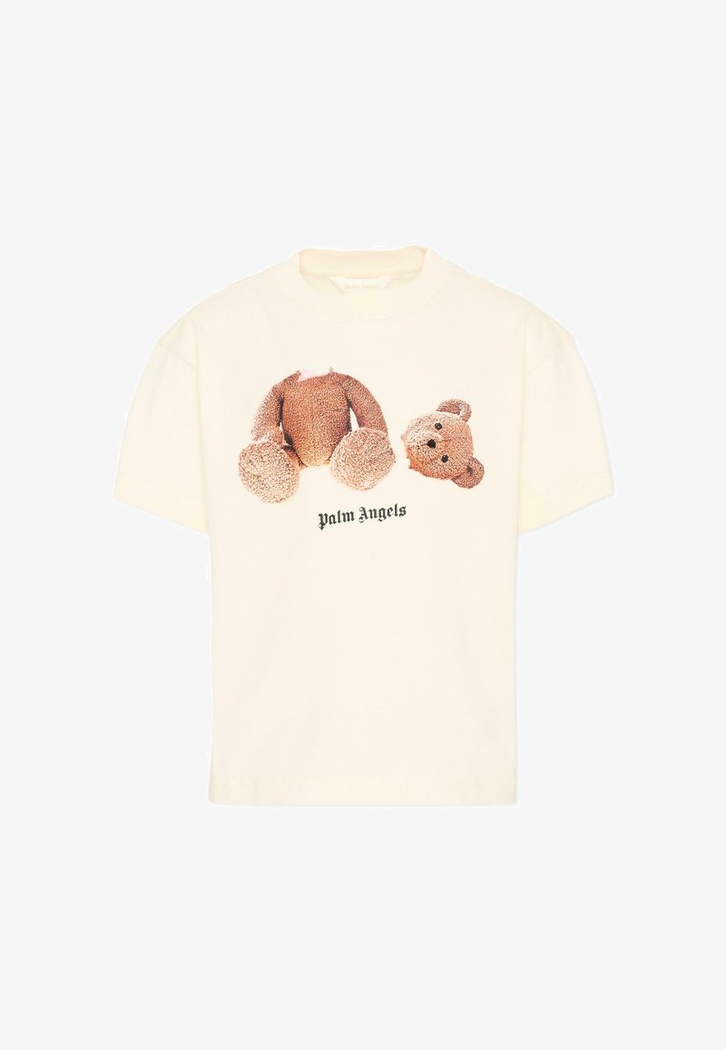 Kremowy t-shirt z krótkim rękawem z grafiką misia rozdzielonego na głowę i ciało oraz napisem „Palm Angels” poniżej.