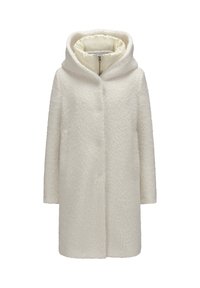 Weißer, strukturierter Kapuzenmantel mit innen gesteppter, hochschließender Reißverschluss-Kragen, langen Ärmeln und geradem Schnitt.