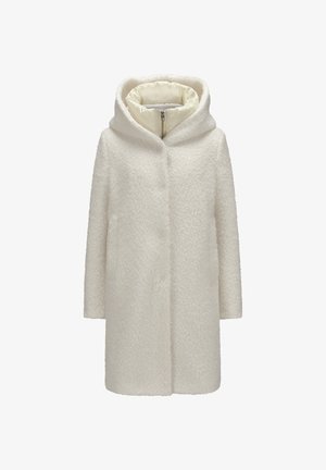White textured hooded coat with inner quilted zip-up collar, long sleeves, and straight cut.