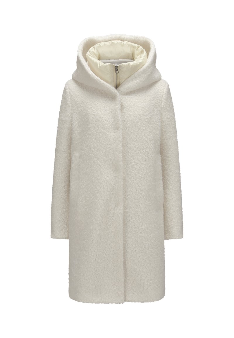 Weißer, strukturierter Kapuzenmantel mit innen gesteppter, hochschließender Reißverschluss-Kragen, langen Ärmeln und geradem Schnitt.