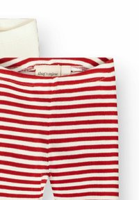 Leggings bébé en maille côtelée à rayures horizontales rouges et blanches avec une ceinture crème repliée.