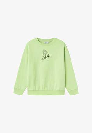 Sudadera verde claro con puños y dobladillo acanalados. Presenta texto negro: "SKATE DPT. BROOKLYN NEW YORK CITY WORLDWIDE" y un logo artístico de "Skate".