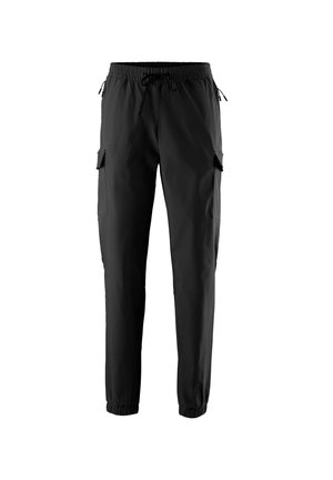 Black casual cargo pants with elastic waistband and ankle cuffs, featuring side flap pockets and drawstring ties at the waist and sides.