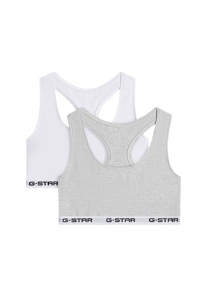 Dos sujetadores deportivos con espalda racerback en blanco y gris claro con bandas elásticas con la marca "G-STAR" en la parte inferior.