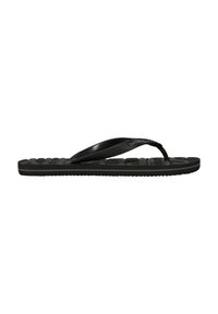 Sorte flip-flop sandaler med en tekstureret strop og mønstret sål. Designet har en flad fodseng og tynde gummistropper for komfort.