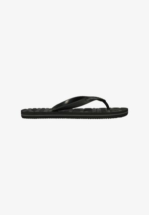 Tongs noires avec des brides texturées et une semelle à motifs. Le design comprend un coussin plat et des brides en caoutchouc fines pour le confort.