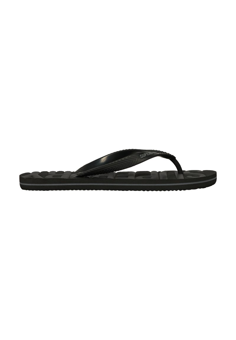Sorte flip-flop sandaler med en tekstureret strop og mønstret sål. Designet har en flad fodseng og tynde gummistropper for komfort.