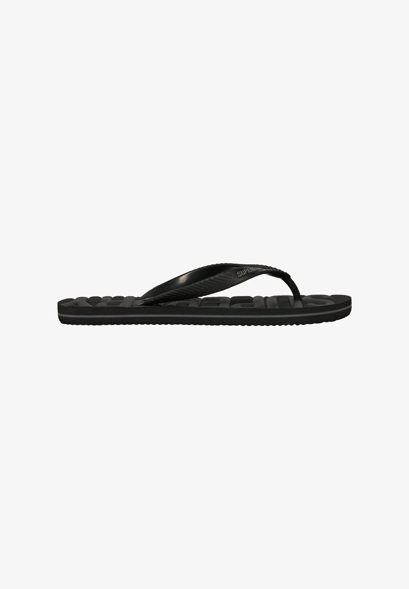 Zwarte flip-flopsandalen met een gestructureerde band en een patroon op de zool. Het ontwerp heeft een platte voetbed en dunne rubberen banden voor optimaal comfort.