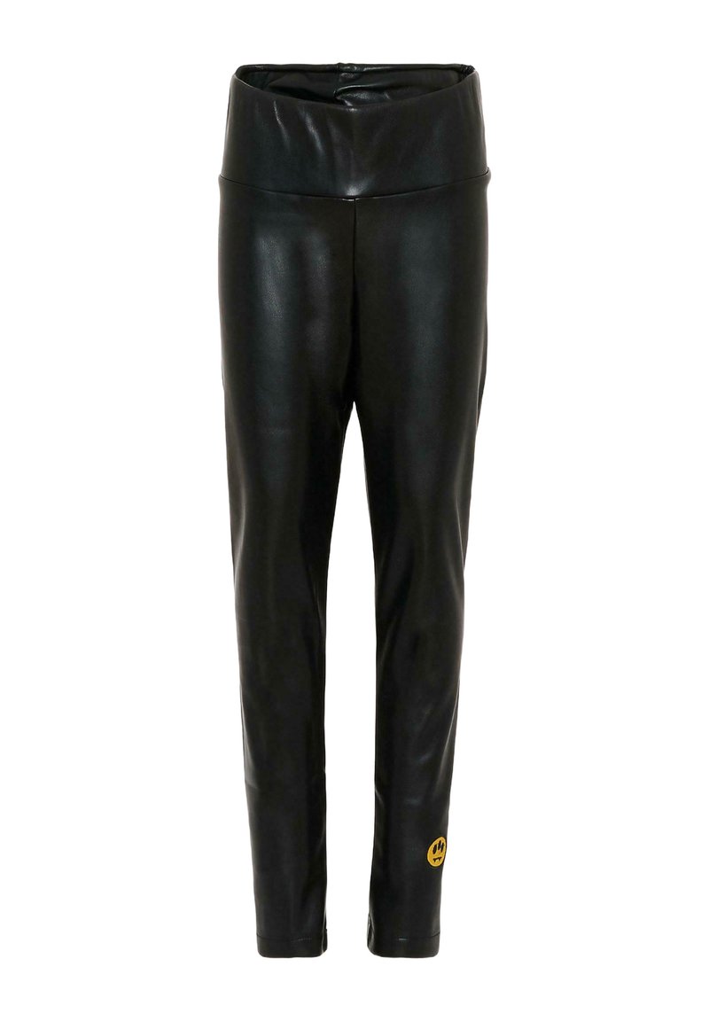 Zwarte faux leren leggings met een hoge tailleband, een slanke, aansluitende pasvorm en een klein gouden logo op het onderbeen.