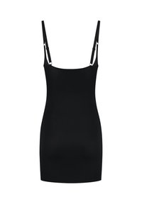 Abito nero senza maniche con spalline regolabili, texture liscia, design aderente e stile minimalista. Nessun motivo o dettaglio aggiuntivo.